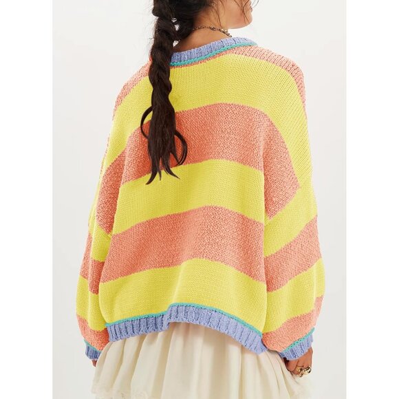 Knit Sweater Women's Oversized Striped Color Block Fall Long Sleeve Crewneck - Picture 2 of 6